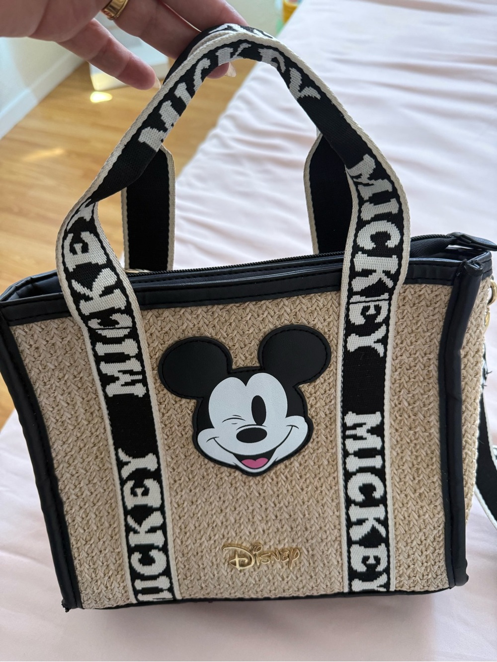 Disney Beige Woven Tote with Black Trim and Mickey Logo